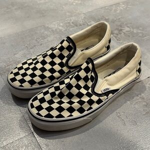 Vans Womens Black and Cream Checkered Slip-On Sneakers